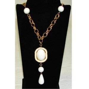 Vintage 80's Gold Tone & White Bead Cocktail NECKLACE, 35.5" Long, E0